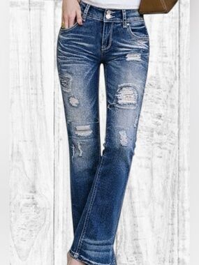 Flamingo Distressed Mid-Rise Women’s Blue Jeans Size M Stretch Y2K NWOT